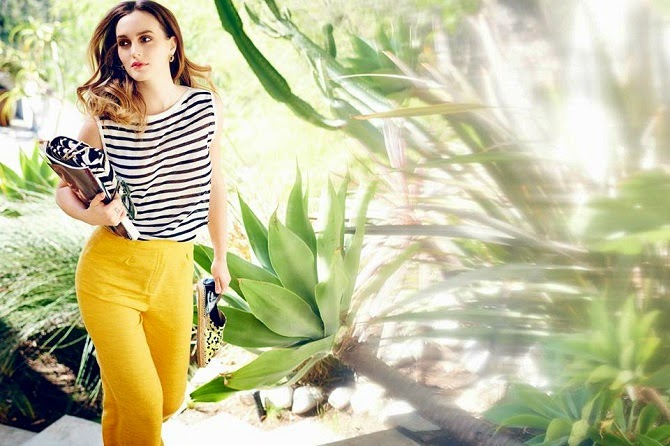 Leighton Meester for Jimmy Choo Blair giallo canarino primavera estate 2015 righe